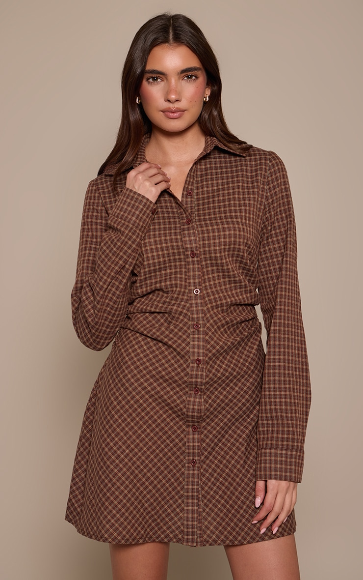 Brown Check Button Down Ruched Long Sleeve Shirt Dress image 1