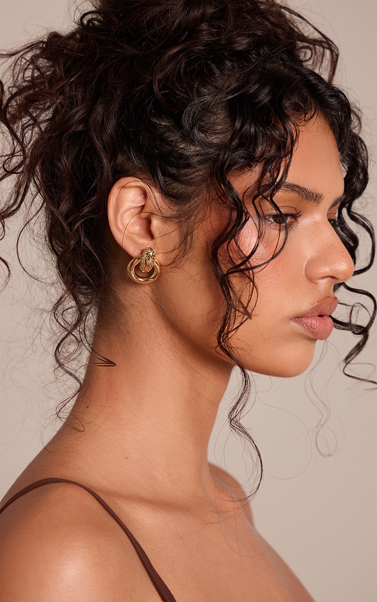 Gold Stainless Steel Textured Door Knocker Earrings