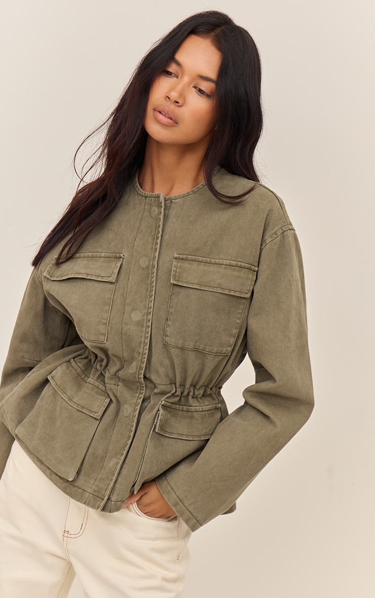 Olive Round Neck Pocket Front Cinch Denim Jacket image 4