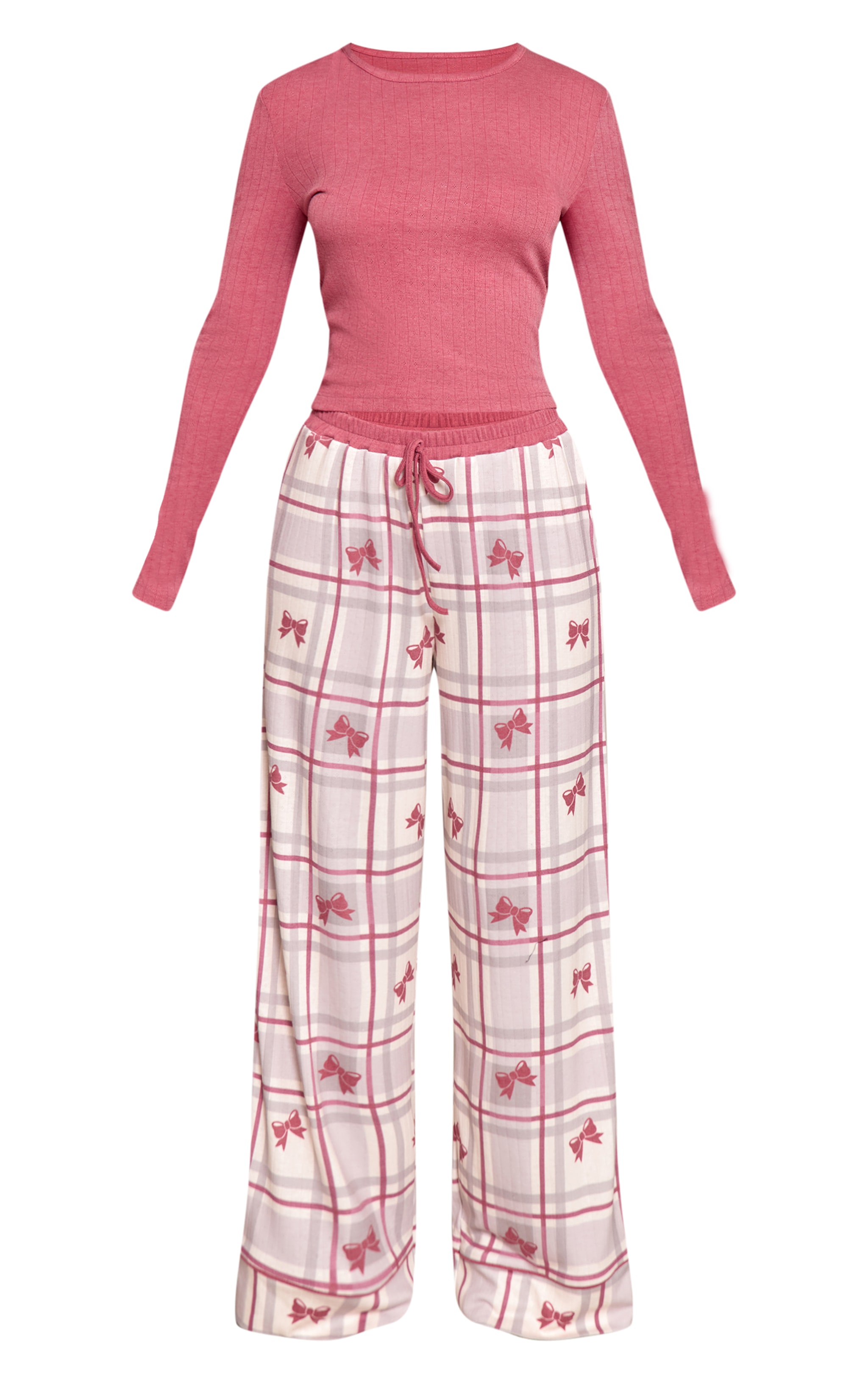 Petite Red Fitted Long Sleeve Top and Gingham Bow Print Pant PJ Set image 5