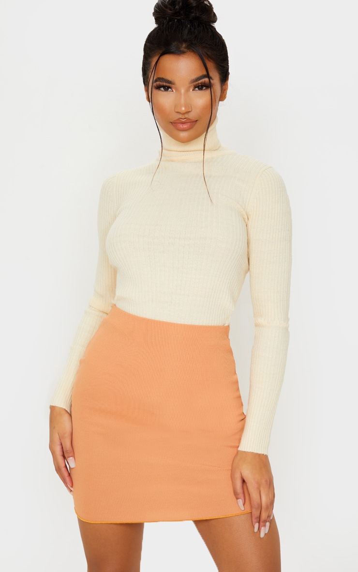 Camel Rib Lettuce Hem Mini Skirt