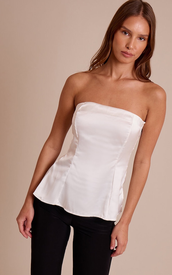 Cream Satin Longline Bandeau Top