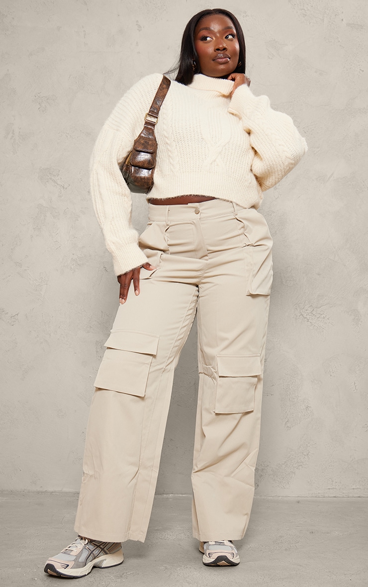 Plus Cream Soft Cable Knit Roll Neck Crop Jumper image 3