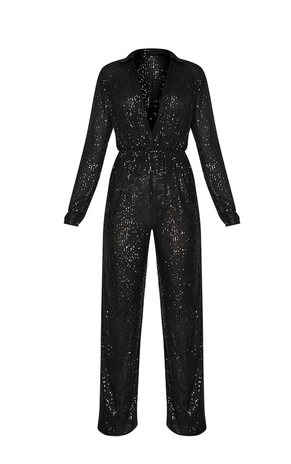 Black Sequin Collar Detail Long Sleeve Jumpsuit PrettyLittleThing USA