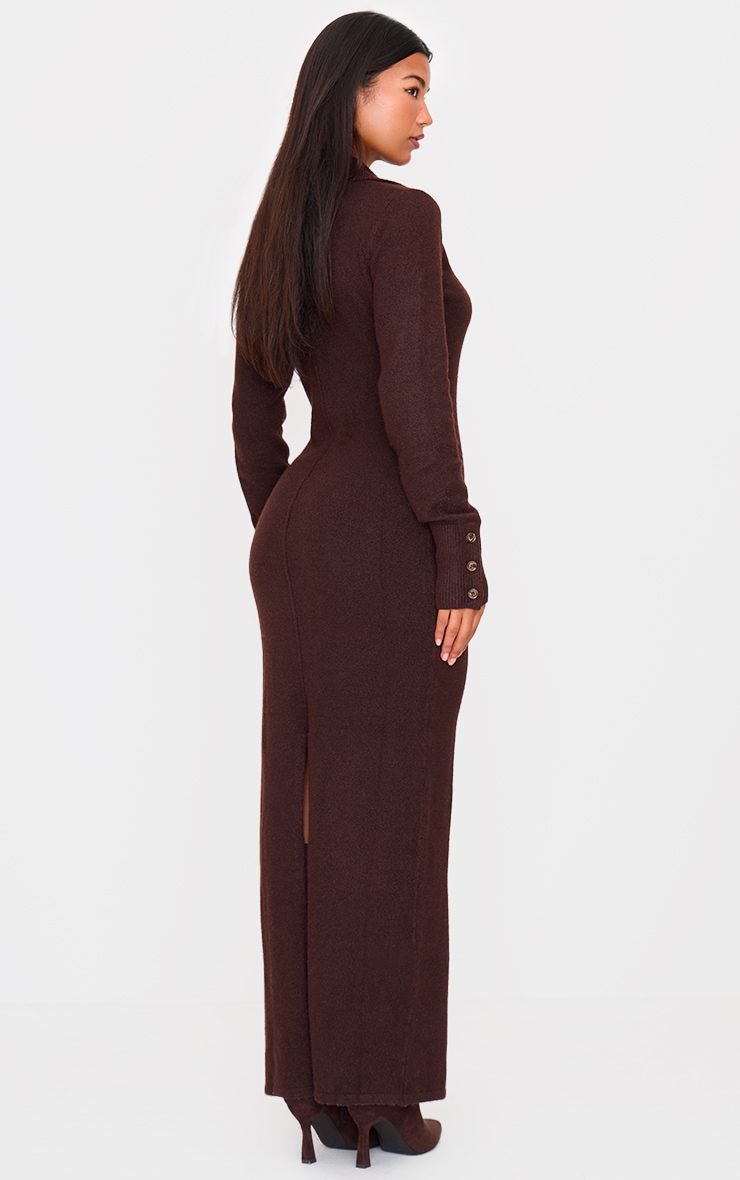 Chocolate Soft Bobble Knit Button Up Collar Detail Maxi Dress image 2