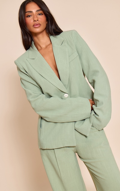 Petite Sage Green Linen Look Oversized Pocket Blazer