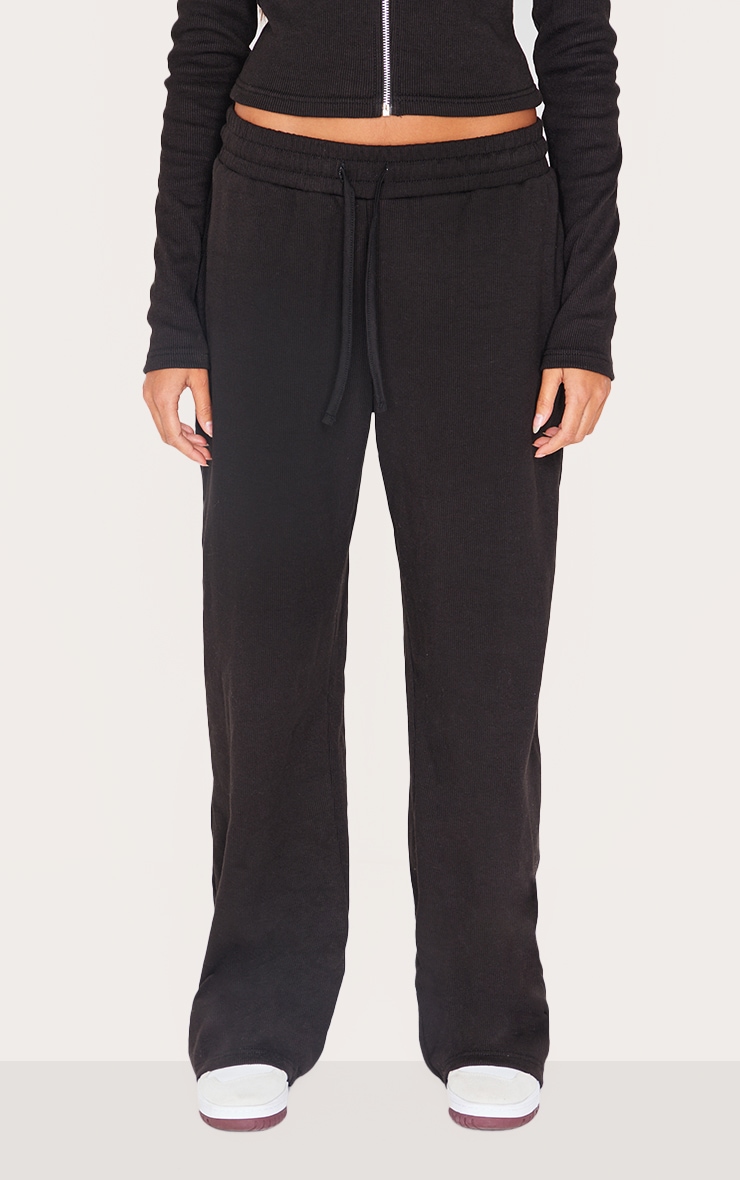 Black Ribbed Low Rise Wide Leg Pants image 2