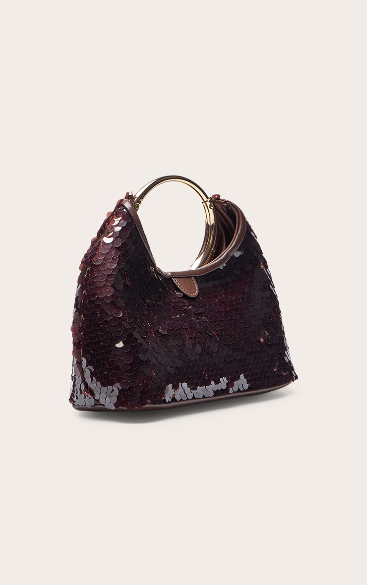 Chocolate Sequin Grab Handle Clutch Bag image 3