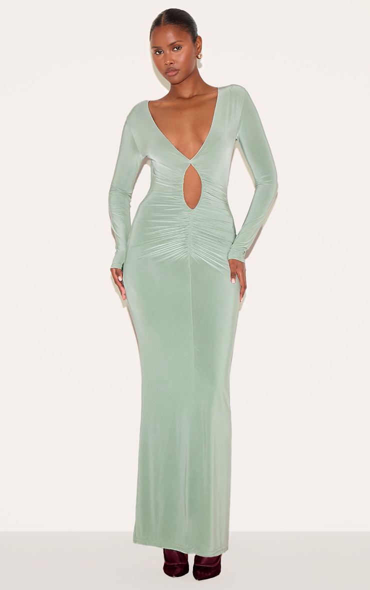 Sage Green Double Layer Plunge Ruched Maxi Dress image 1