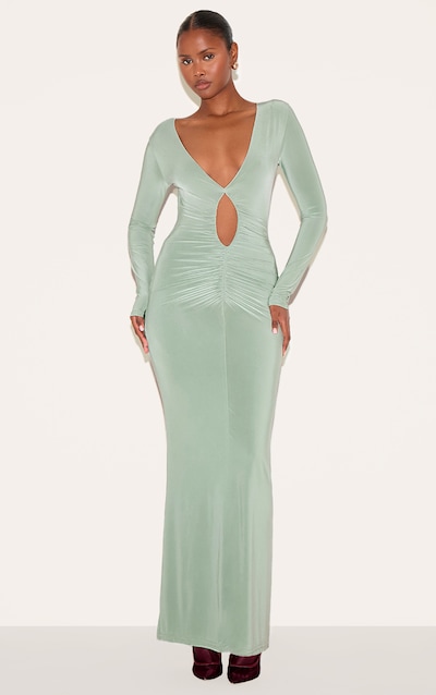 Robe longue doublée vert sauge froncée à décolleté