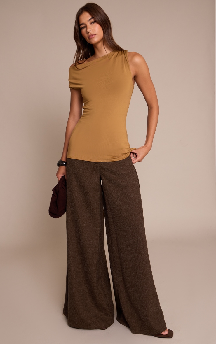 Tan Slinky Asymmetric Ruched Detail Long Top image 3