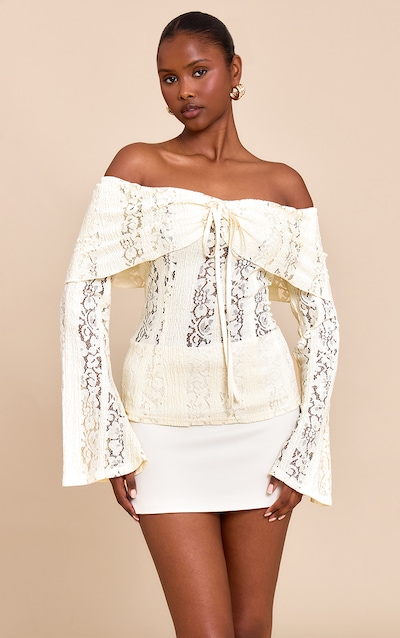 Lemon Fitted Lace Flared Sleeve Bardot Top