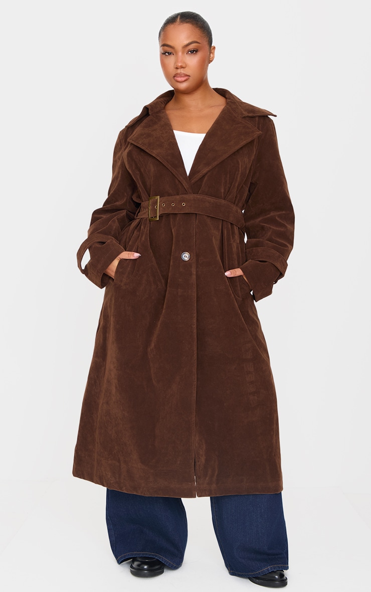 Plus Chocolate Faux Suede Belted Trench Coat image 3