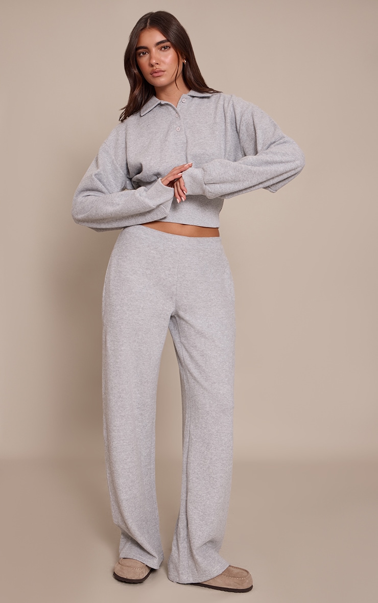 Grey Marl Brushed Rib Elasticated Balloon Sleeve Polo Top image 3