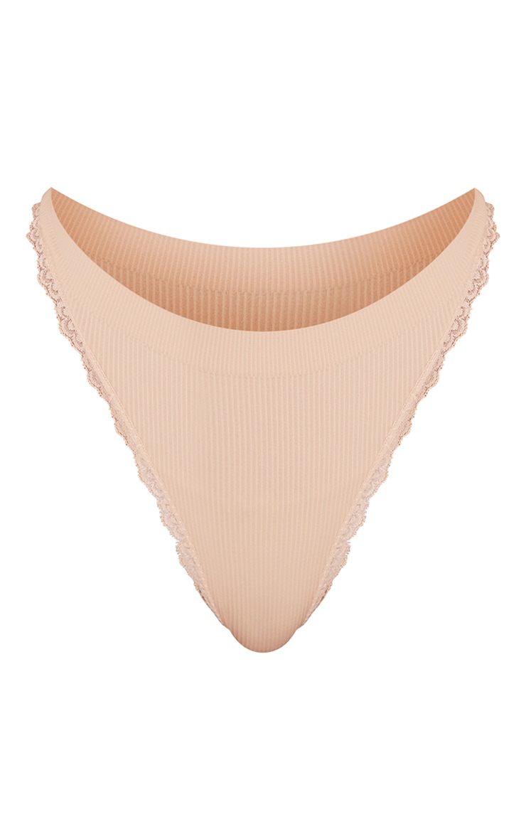 Nude Seamless Rib Lace Trim Thong image 5