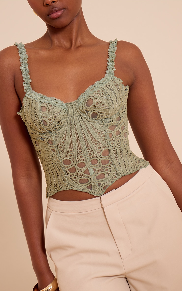 Sage Green Strappy Textured Sheer Floral Lace Corset image 4