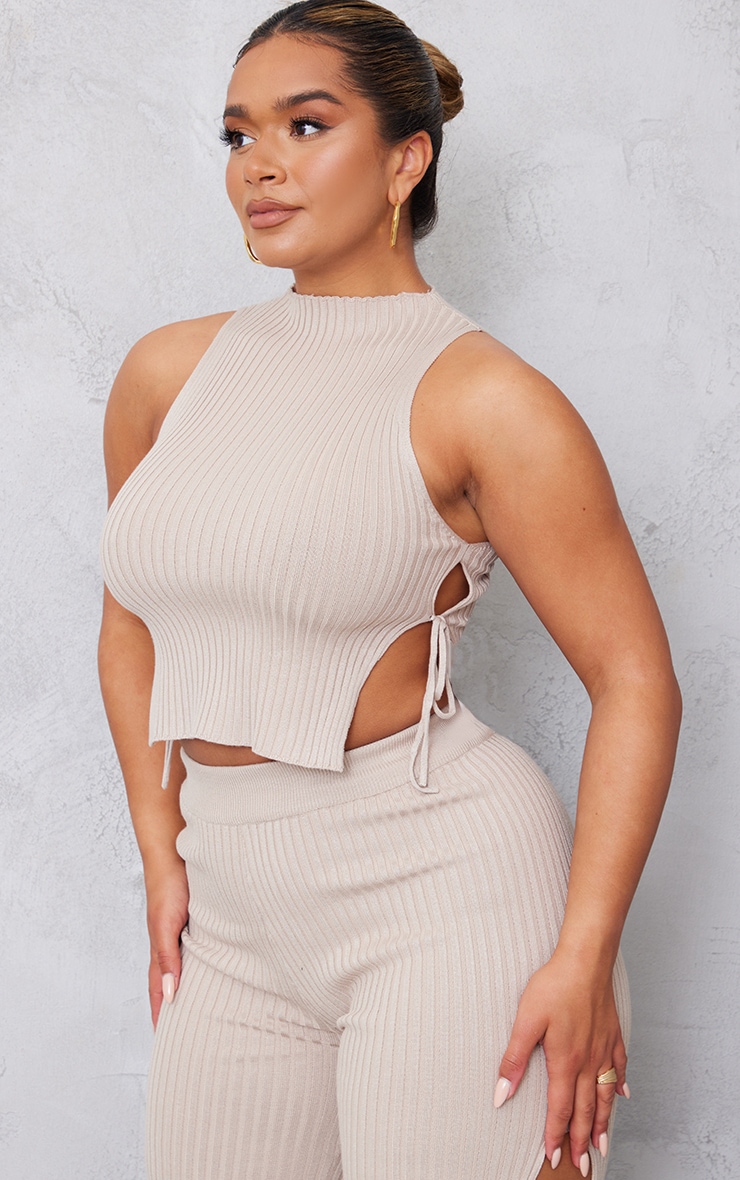 Shape Stone Knit Tie Side High Neck Crop Top