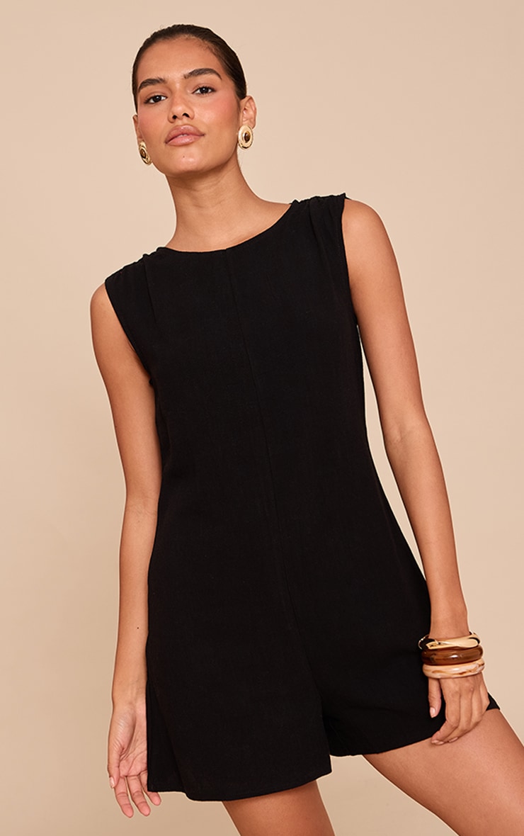 Black Linen Blend Slouchy Boat Neck Romper image 4