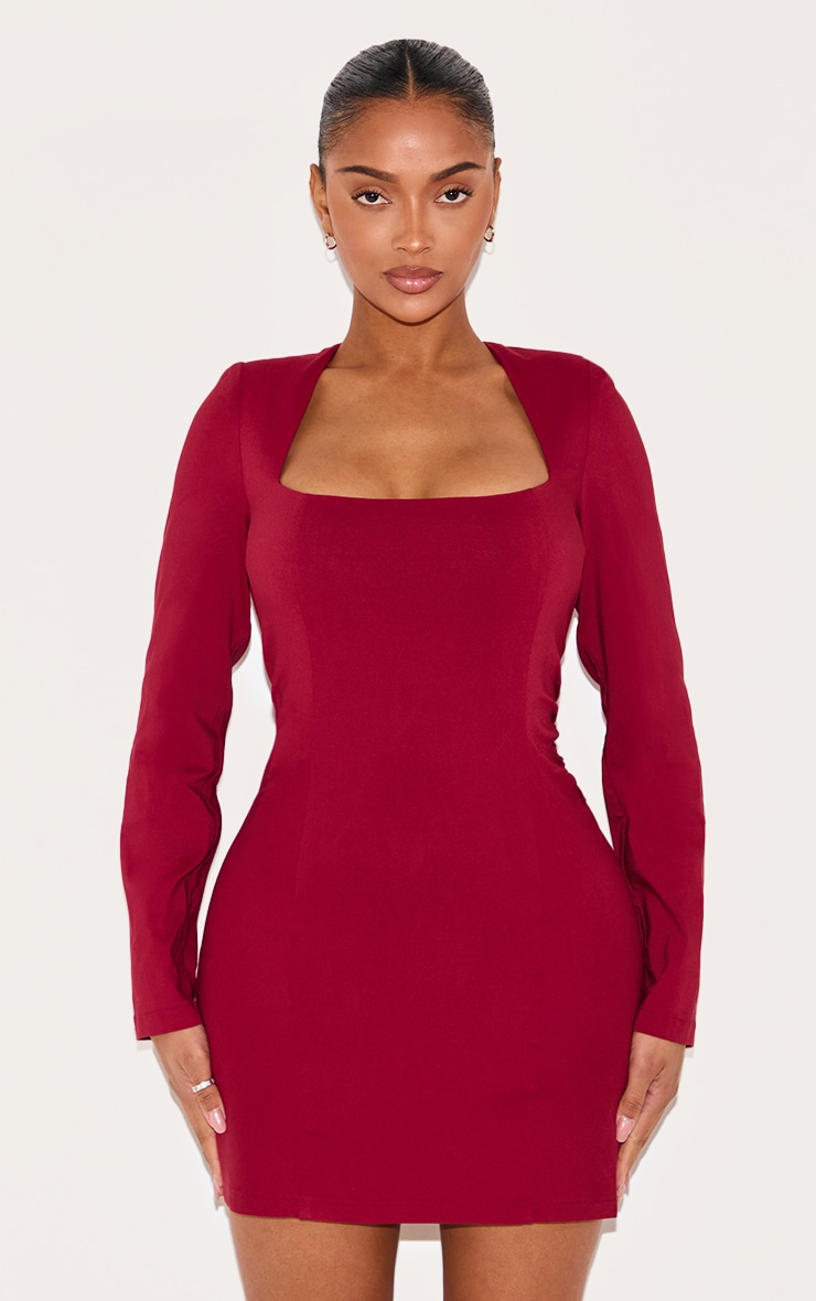 Shape Berry Stretch Woven Square Neck Long Sleeve Ruched Waist Mini Dress image 1