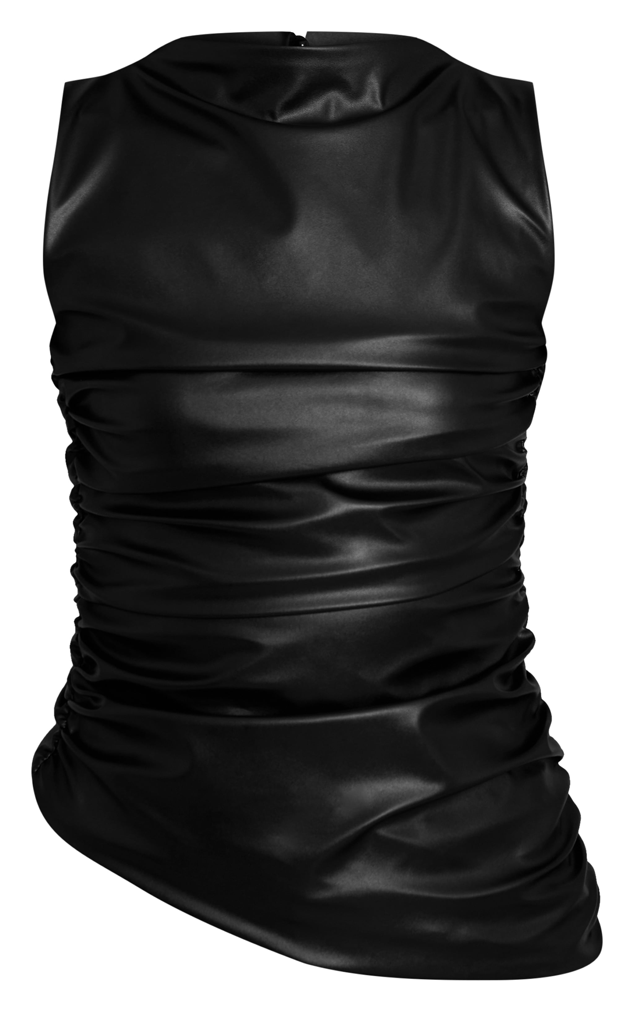 Black Faux Leather Highneck Asymmetric Hem Long Top image 5