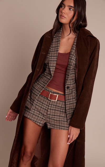 Brown Check Print Mid Rise Hot Pants