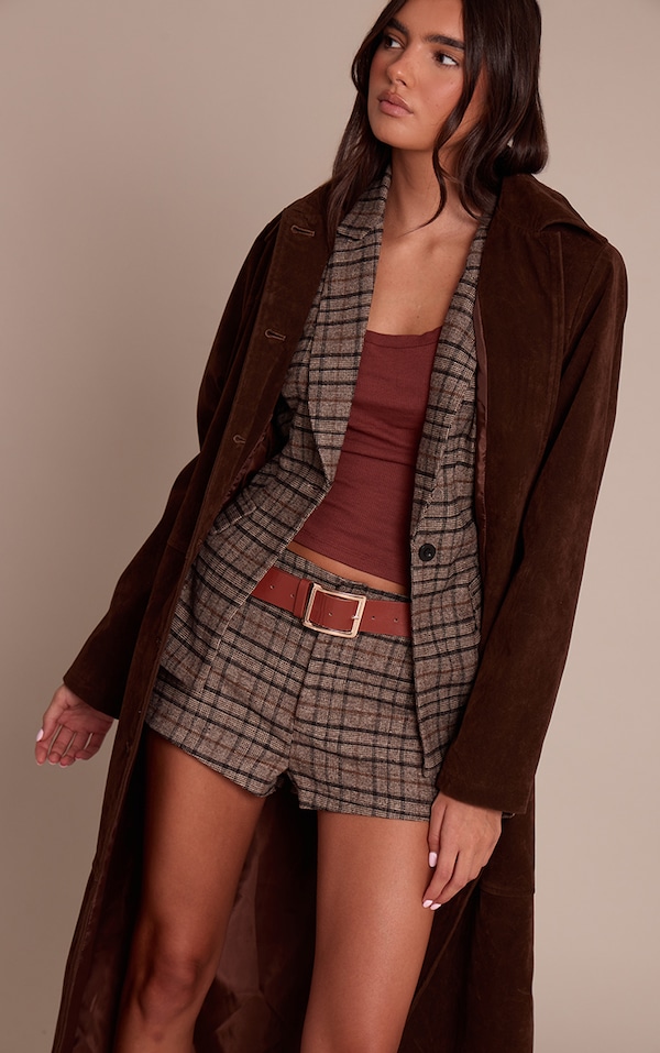 Brown Check Print Mid Rise Hot Pants