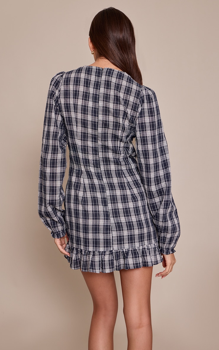 Navy Check Ruched Bust Long Sleeve Shift Dress image 2
