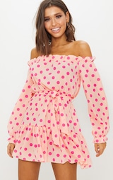 Dusty Pink Polka Dot Bardot Tie Waist Shift Dress 1