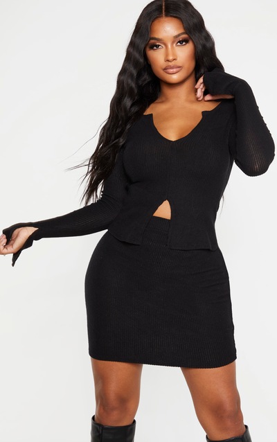 View Black Brushed Rib Long Sleeve Ruched Shirt Dress Images