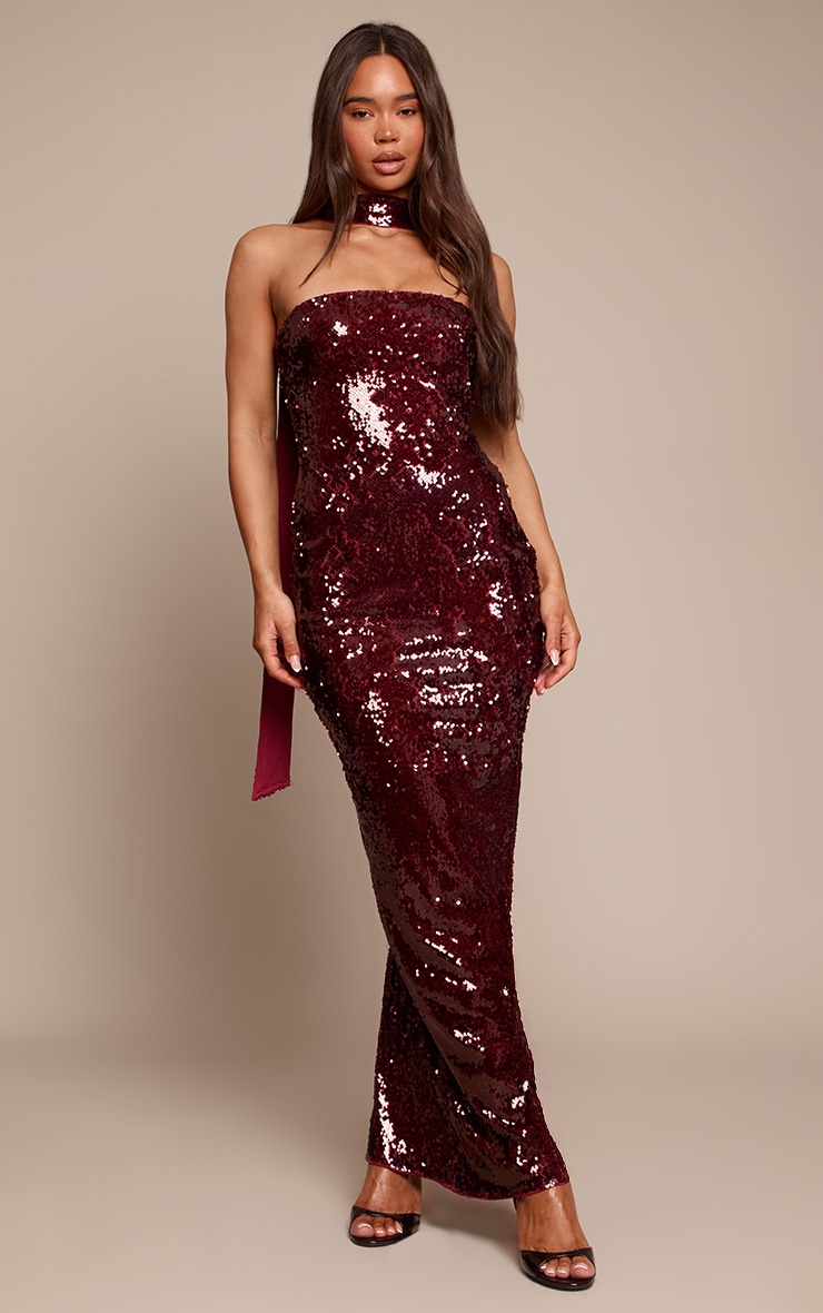 Burgundy Sequin Scarf Detail Bandeau Maxi Dress