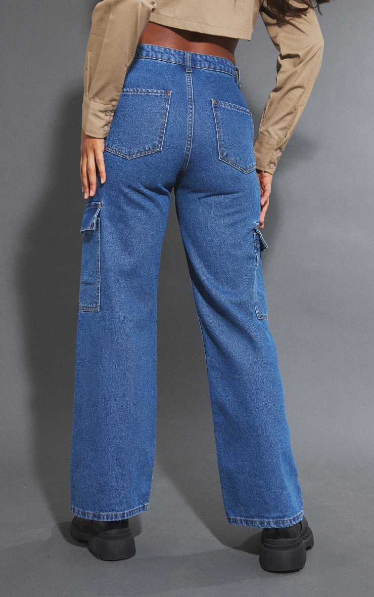 Mid Blue Wash Cargo Pocket Baggy Wide Leg Jeans image 3