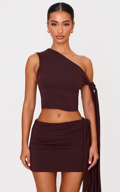 Petite Chocolate Contour Jersey Tie Detail Crop Top