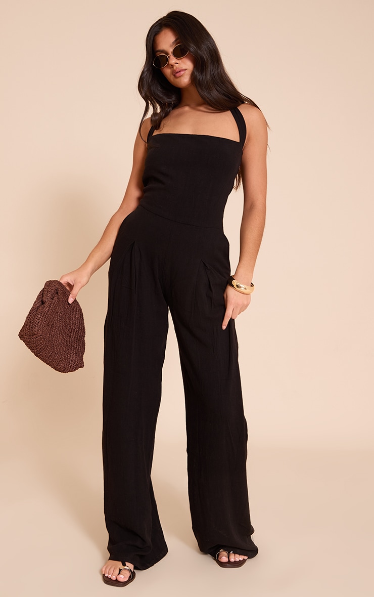 Black Linen Look Halter Neck Wide Leg Jumpsuit image 3
