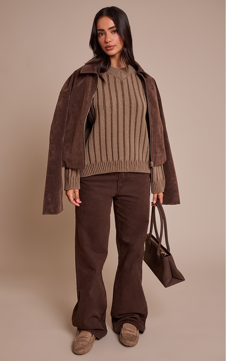 Petite Pull en maille tricot épaisse côtelée vert olive à col en V image 3