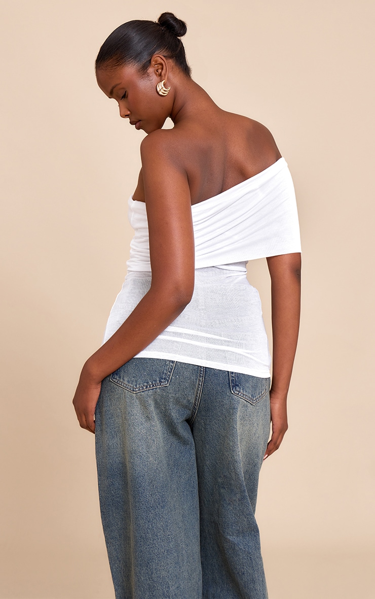 White Sheer Soft Touch Fold Over Detail One Shoulder Long Top image 2