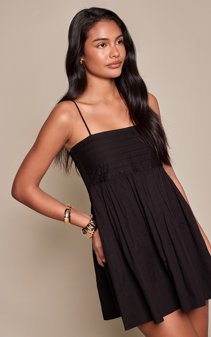 Black Linen Look Strappy Mini Dress