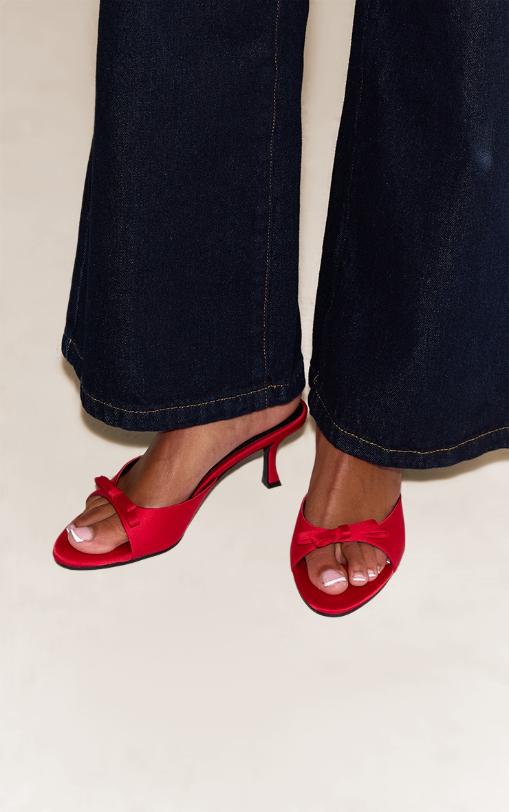 Bright Red Satin Round Toe Bow Strap Low Heel Open Toe Mules image 1