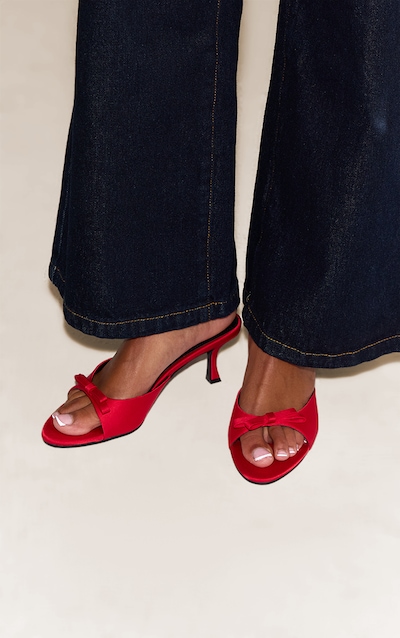 Bright Red Satin Round Toe Bow Strap Low Heel Open Toe Mules