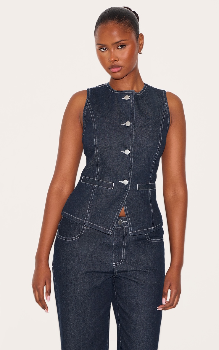 Gilet long en jean indigo délavé à col rond image 1