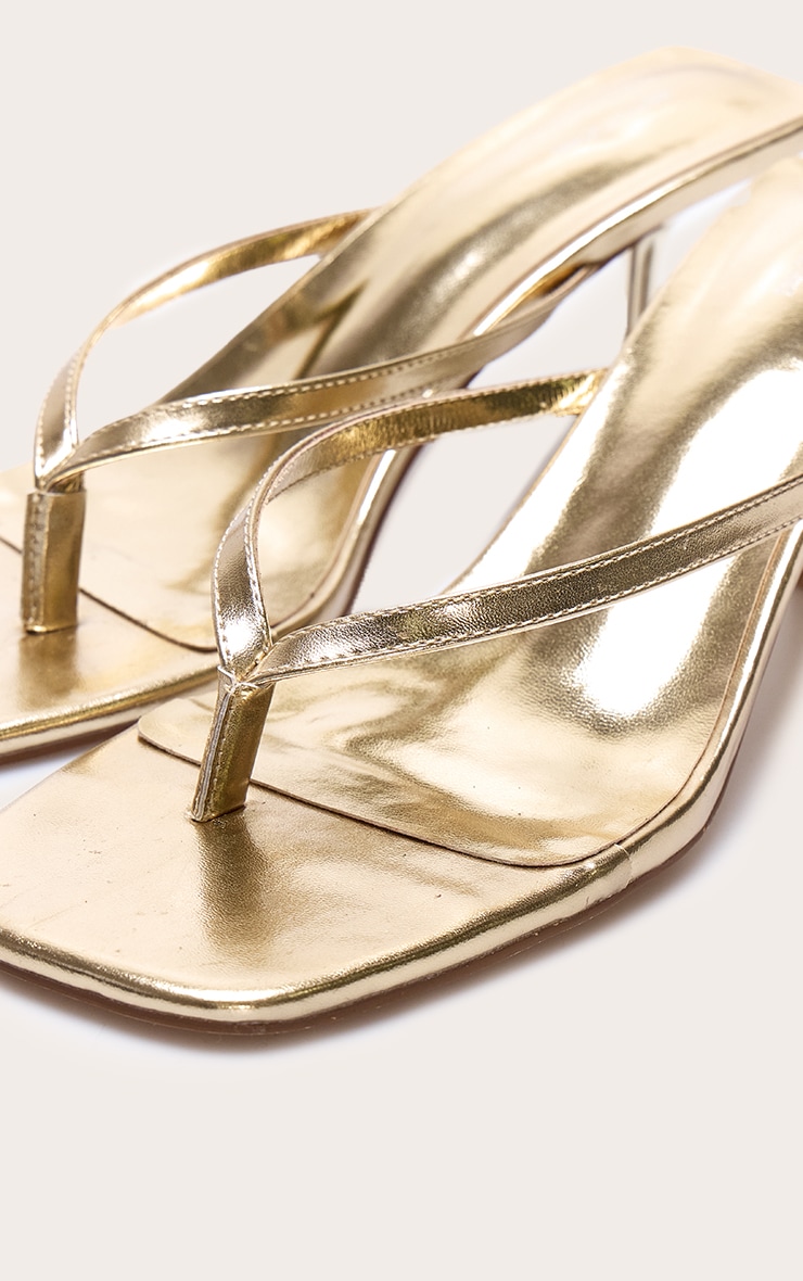 Gold Pu Square Toe Thong Mid Stiletto Heeled Mules image 4