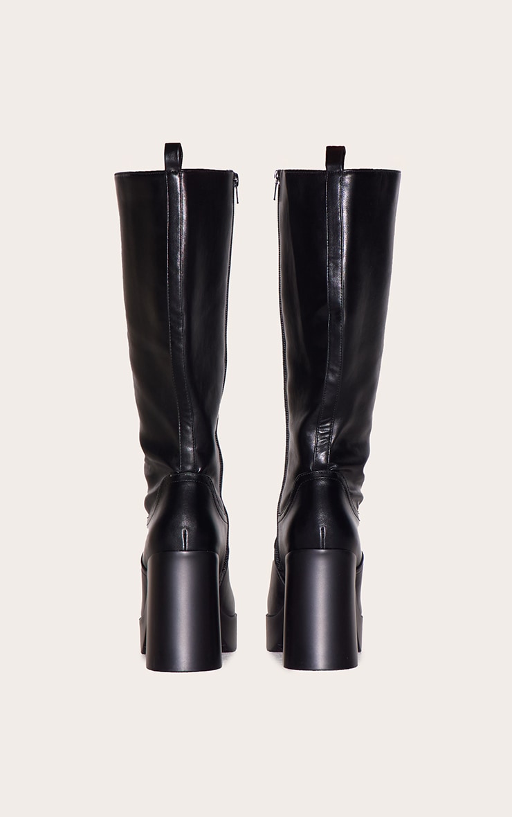 Bottes hautes pointure large pointues en PU noir à talon carré et plateforme fine image 3