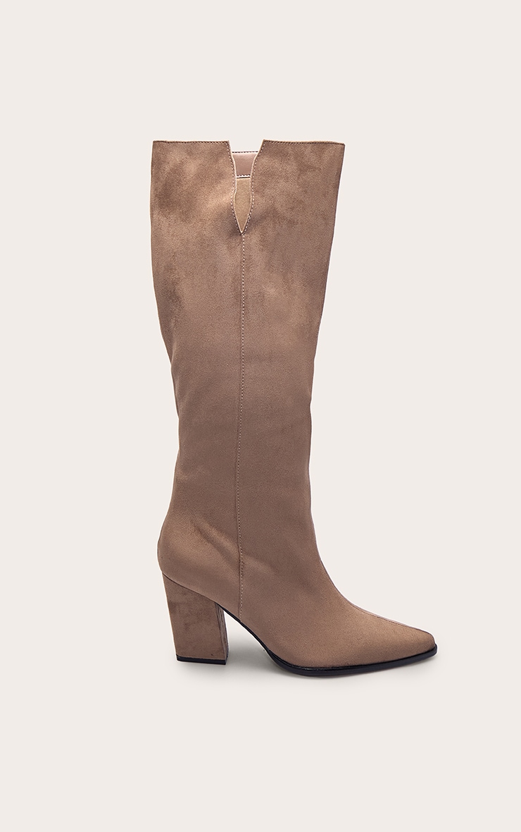 Taupe Faux Suede Point Toe Block Heeled Knee High Boots image 2