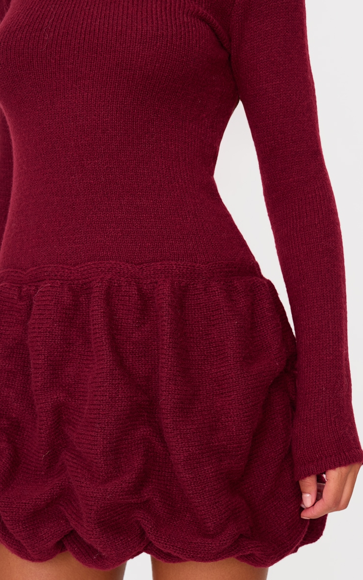 Burgundy High Neck Knitted Puffball Mini Dress image 4