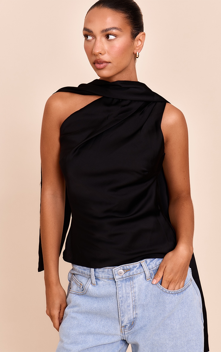 Black Satin Asymmetric Scarf Detail Top image 4
