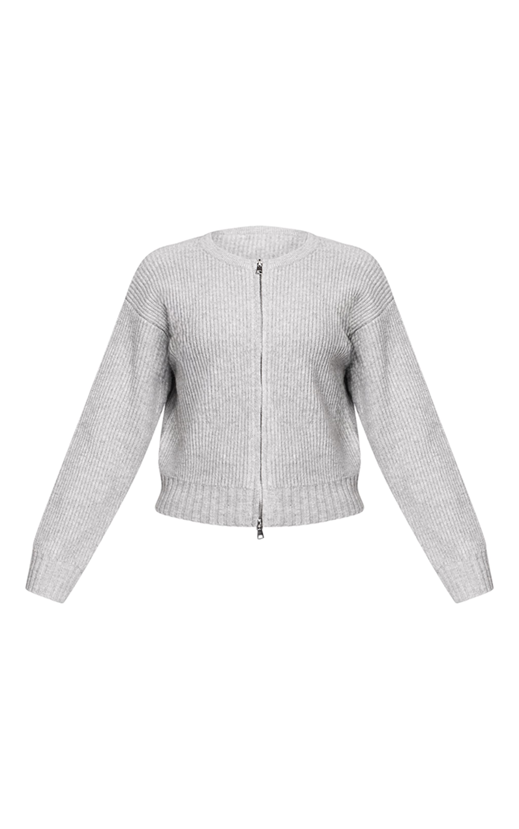 Soft Grey Brushed Rib Knit Zip Through Cardigan image 5