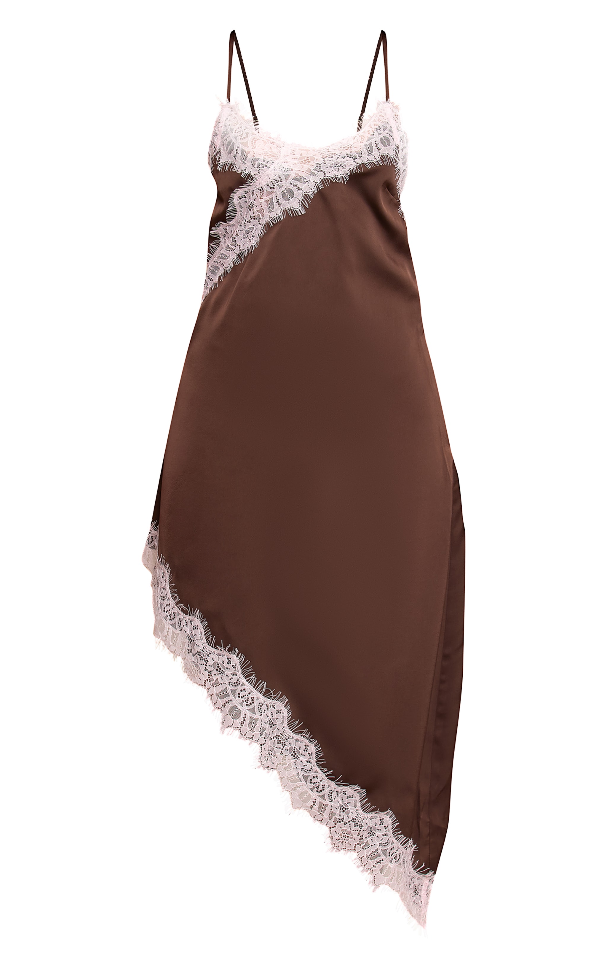 Mini robe asymétrique satinée chocolat à détails en dentelle image 5