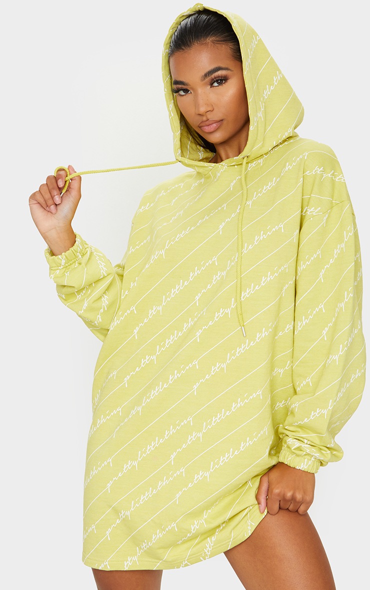 PRETTYLITTLETHING Lime Slogan Hoodie Dress