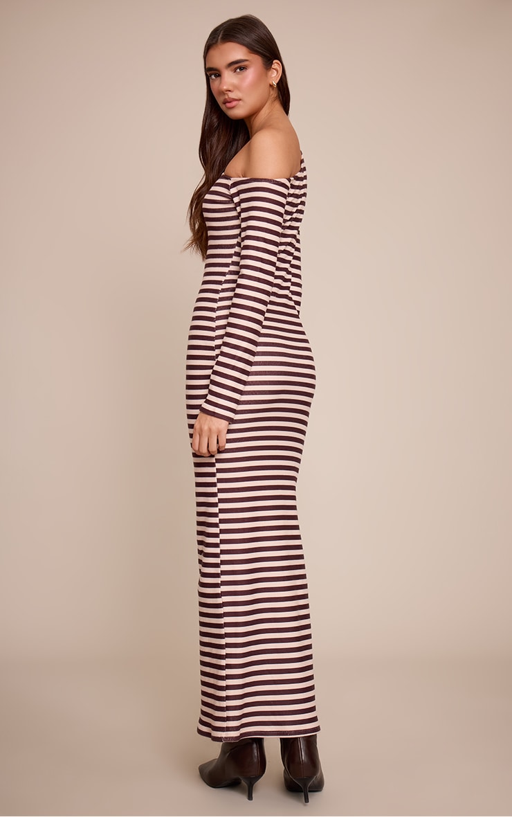 Chocolate Striped Brushed Rib Striped Asymmetric Long Sleeve Maxi Dress image 2