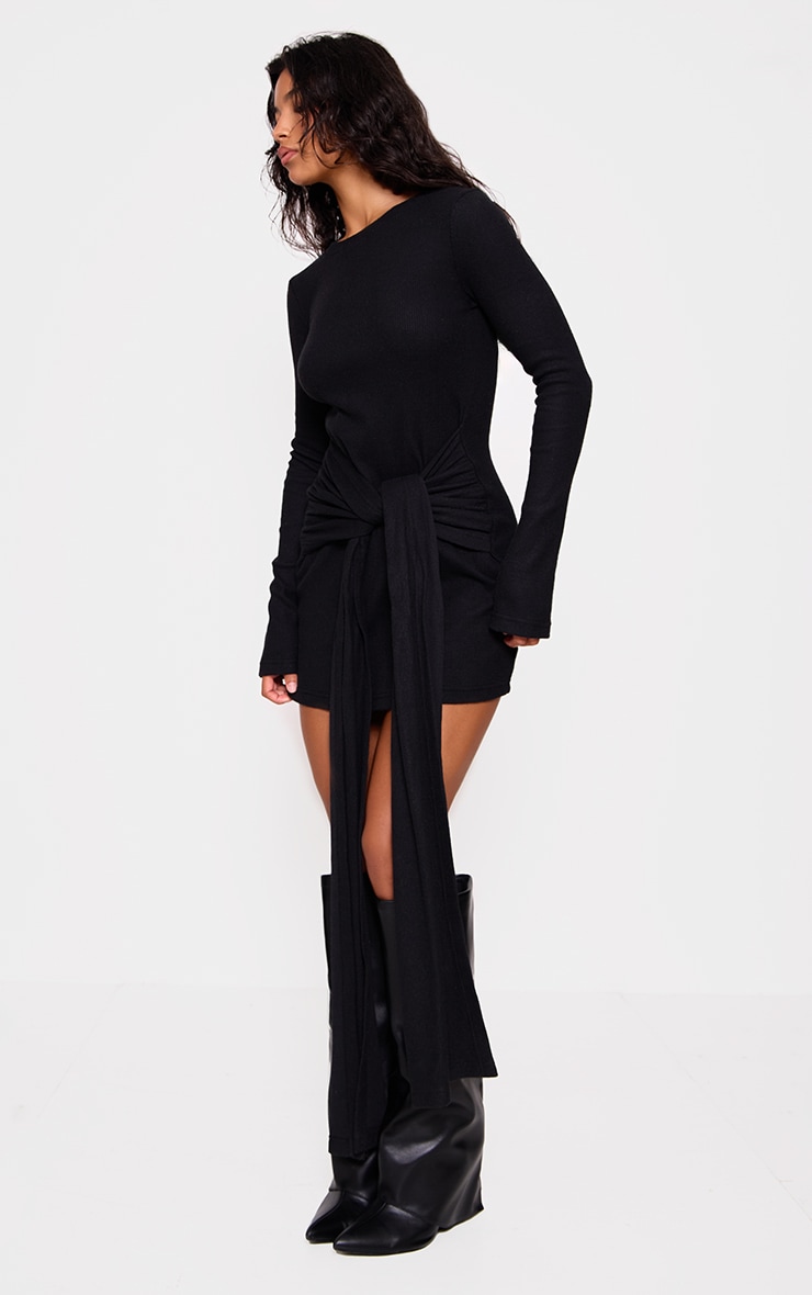 Black Heavy Brushed Rib Wrap Tie Bodycon Dress image 3