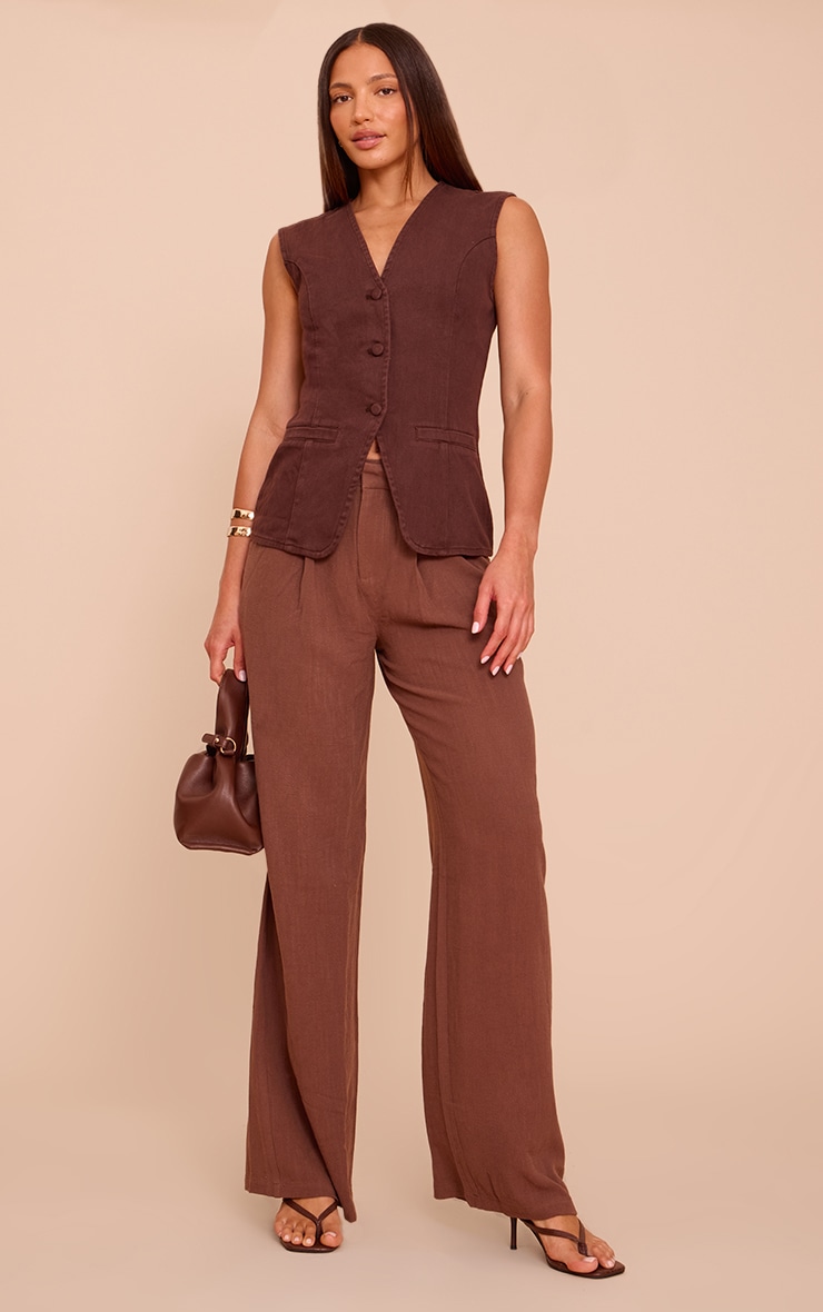 Tall Dark Chocolate Linen Look Tailored Straight Leg Pants image 1